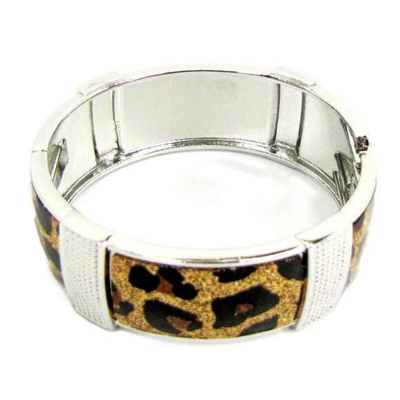 Animal Print Bangle Bracelet with Gold Sparkle an spring hinge opening 1" wide - Picture 2 of 4